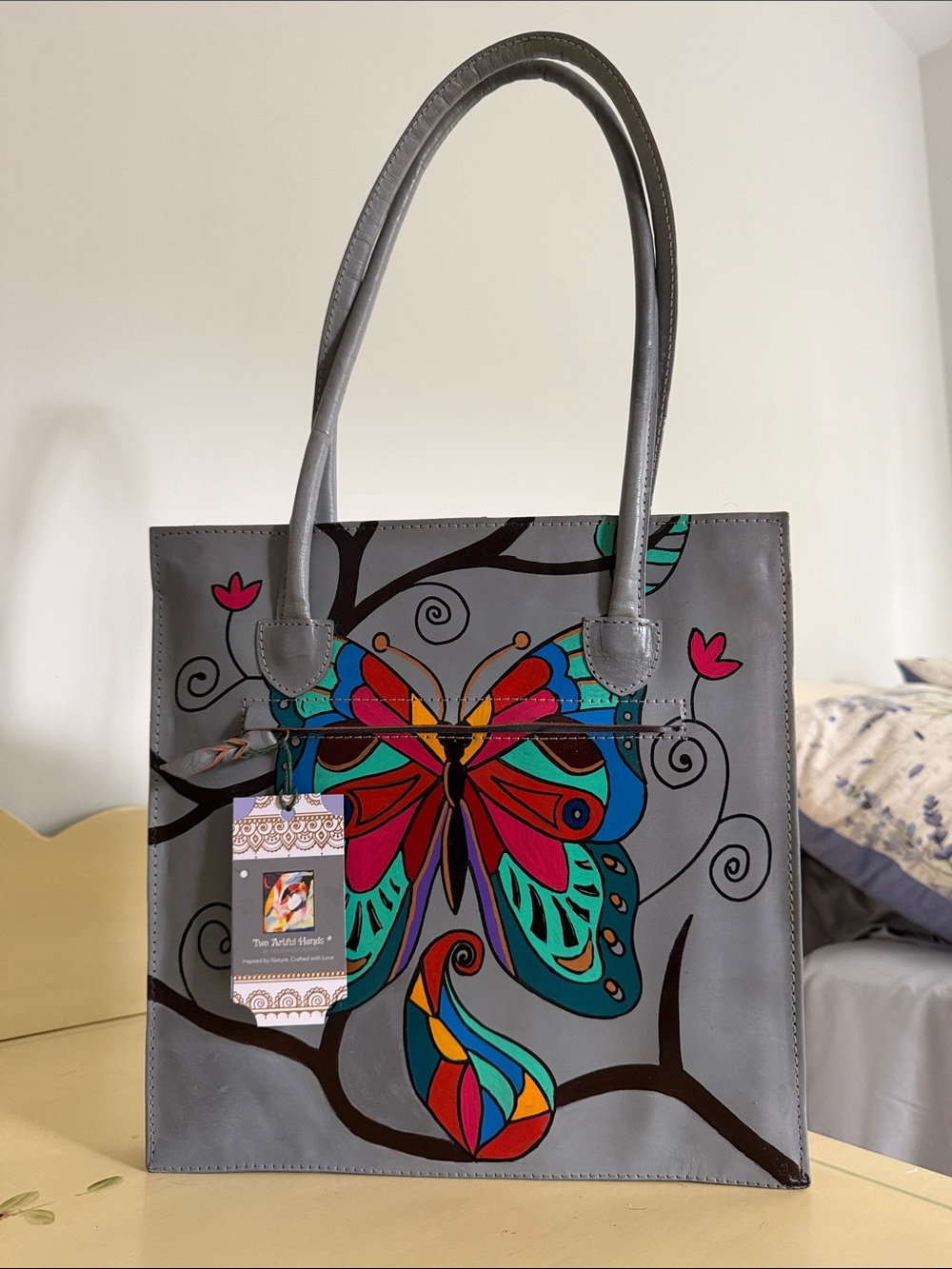 Gray Hand-Painted Butterfly leather Tote Bag new with tags
